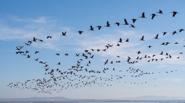 Large flock of wild birds flying in formation across a clear blue sky during migration.
