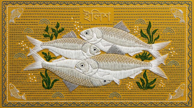 Group of embroidered ilish fish swimming together on yellow background with plants.