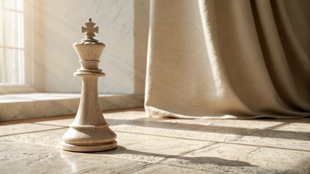 Elegant White Ceramic Chess King on Marble Floor with Soft Lighting