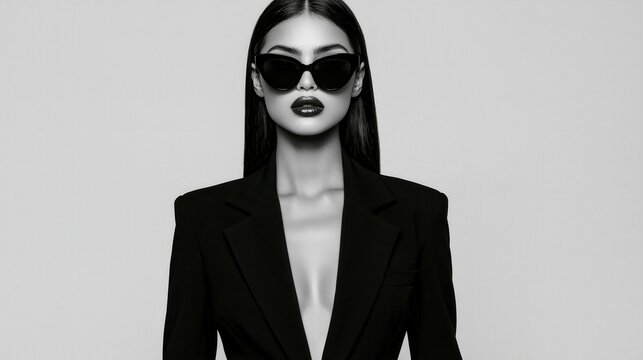 Fashionable woman wearing sunglasses and a black blazer poses with bold lipstick.