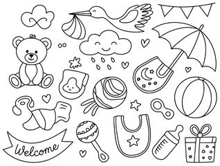 Fototapeta premium Collection of hand drawn baby themed doodle featuring toys, clothes, and accessories in a simple black outline style