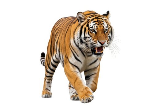 Majestic tiger walking gracefully in natural pose isolated on white background