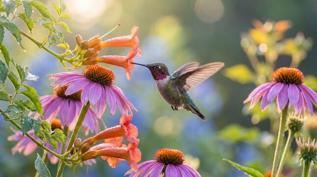 Hummingbird hovering mid-air feeding on vibrant wildflowers in golden sunlight