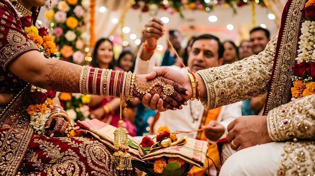 Close up of indian bride and groom holding hands during traditional wedding ceremony ritual with blurred guests