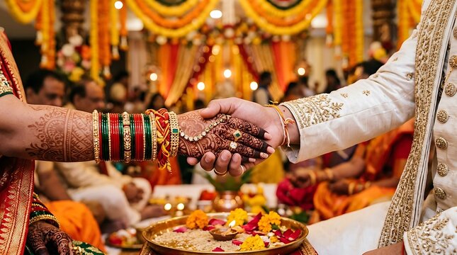 Close up of indian bride and groom holding hands during a traditional hindu wedding ceremony ritual