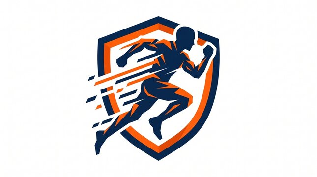 Dynamic running human silhouette inside a bold orange protective shield emblem