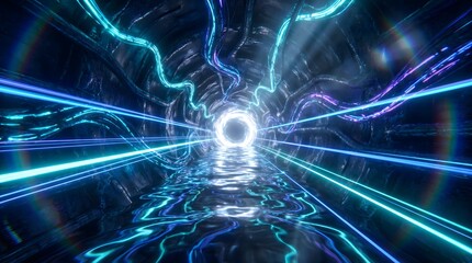 Naklejka premium Futuristic neon lit sci-fi tunnel with glowing light beams and water reflection, cinematic digital concept