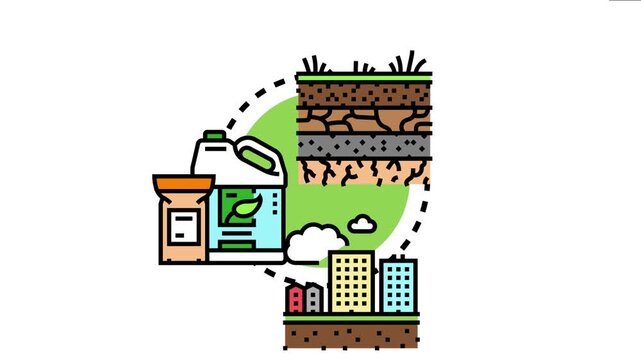 Urban and natural environments integrating, showing cross section of soil layers, agricultural products, and expanding city buildings under a sky with clouds