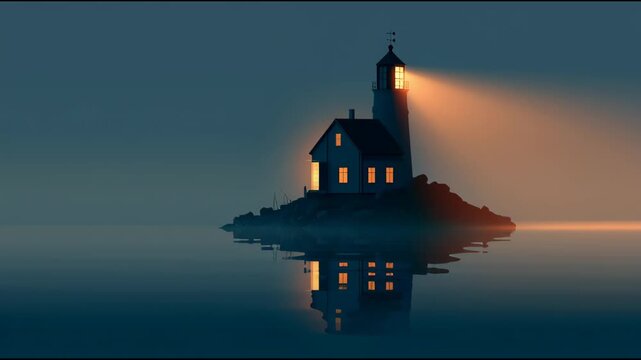 A house silhouette is shown with a lighthouse on an island at night. The light beams out into the dark sky. The reflection is clear in the water.