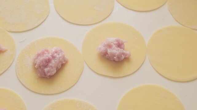 woman puts meat filling in dumplings, slow motion

