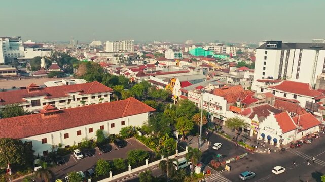 Aerial Yogyakarta intersection surrounded by historic urban architecture