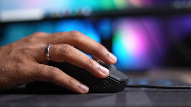Hand Operating Computer Mouse with Colorful Screen Reflection. 4K Video
