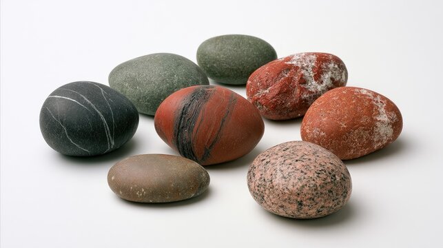 Collection of Smooth, Varied Natural Stones on White Background.