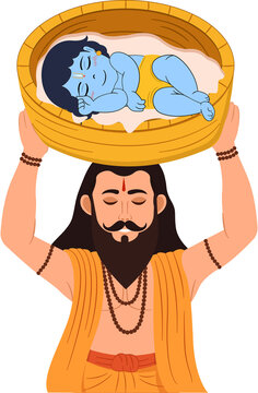 festival of krishna janmashtami father vasudeva carrying on his head baby krishna in a basket Vector Illustration