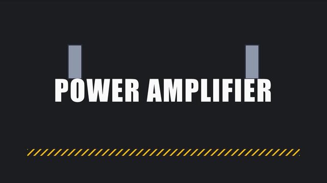 Power amplifier text animation with dynamic audio equalizer bars and warning stripes for audio engineering and sound production projects 4k