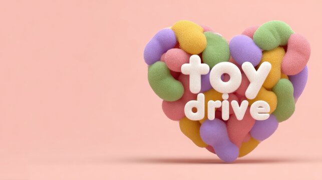 Against a light pink background, a heart shape is formed by piecing together round blocks with a macaron-colored soft clay texture, with the white three-dimensional text "toy drive" standing 