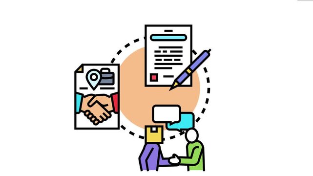 Business partners engaging in an agreement ending stipulation discussion, with a document, pen, and a handshake conveying contract termination or renegotiation processes
