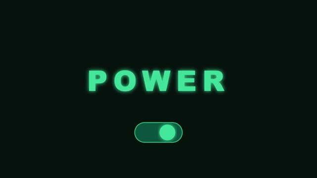 Power button toggle switch animation with glowing green text interface for digital ui and technology concepts 4k