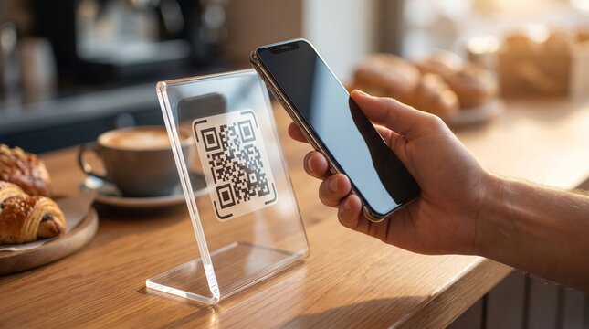 Customer scanning QR code display stand with smartphone for contactless payment at coffee shop counter