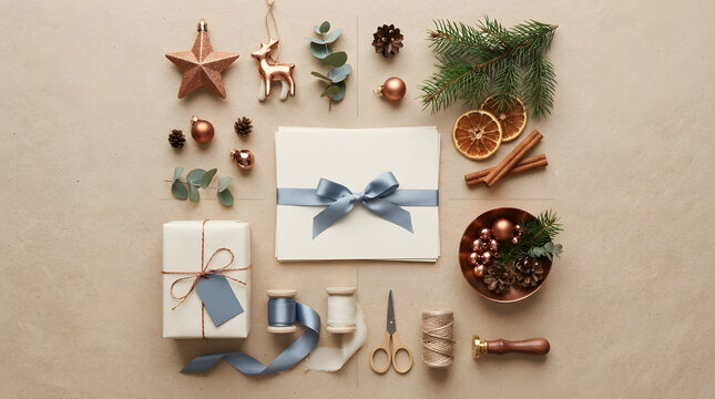 An elegant flat lay composition featuring a stack of blank cards with a blue silk ribbon surrounded by rustic Christmas decorations and crafting supplies