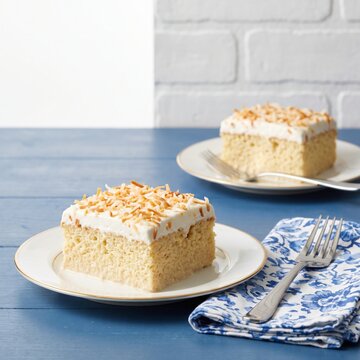 Two slices of coconut tres leches cake on white plates with blue floral napkins on a blue wooden table