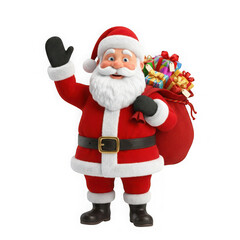Fototapeta premium 3d cartoon santa claus waving and holding a sack of gifts isolated on transparent background