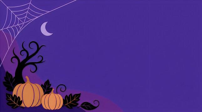 Halloween pumpkins with tree and spider web design on purple background