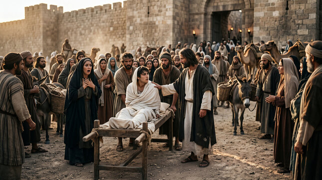 Jesus miraculously interrupting a funeral procession to raise the widow of Nain's only son from the dead.