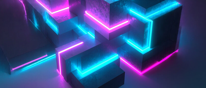 Modular concrete block assembly. Future tech design integration. Embedded cyan magenta neon light system. Edge glow illumination. Data infrastructure concept visualization. Cyberpunk element.