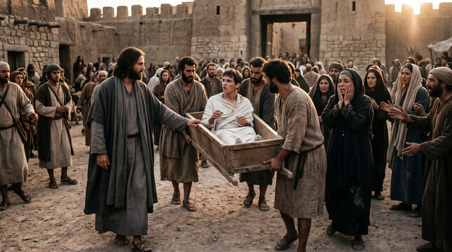 Jesus miraculously interrupting a funeral procession to raise the widow of Nain's only son from the dead.