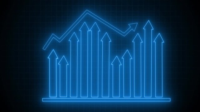 Neon-style glowing graph bar chart with upward-pointing arrow animation