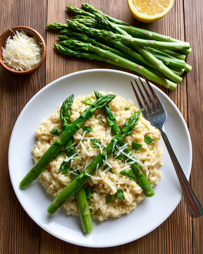 Creamy Asparagus Risotto A delectable plate of creamy risotto topped with vibrant asparagus spears and a sprinkle of grated cheese, accompanied by fresh asparagus stalks and a lemon wedge.