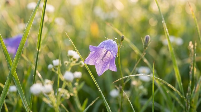 Close-up of Purple Bellflower in a Green Meadow at Sunrise with Morning Dew and Soft Bokeh Background