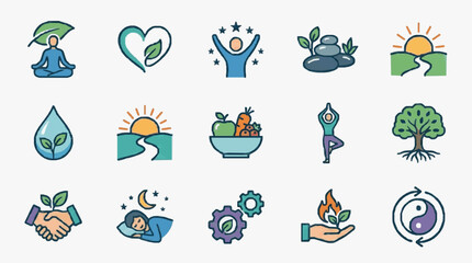Obraz premium Creative Colorful Flat Icons Set Featuring Meditation Nature Health Balance and Wellness Elements