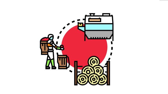 Farmer carrying harvested crops while standing near hay bales and grain elevator, depicting a comprehensive agricultural process for storing animal feed and farm produce
