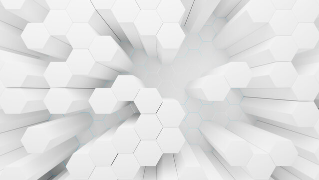 High-angle 3D white hexagon pillars background with soft blue lighting, perfect for medical technology, science, and clean corporate presentations.