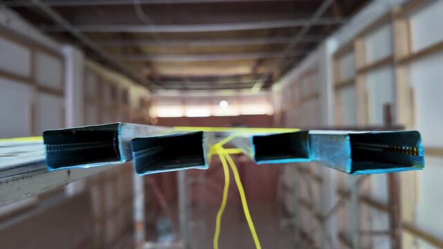 Close-up of metal wall partition studs for construction