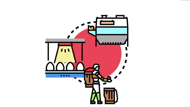 Agricultural worker processing and handling various food products like eggs and fruit on an automated conveyor system, symbolizing farm to market efficiency