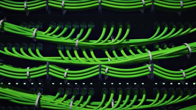 Zoom out from patch panel to full green cabled server rack