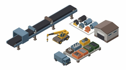 Obraz premium Isometric illustration of a construction site with machinery and materials.
