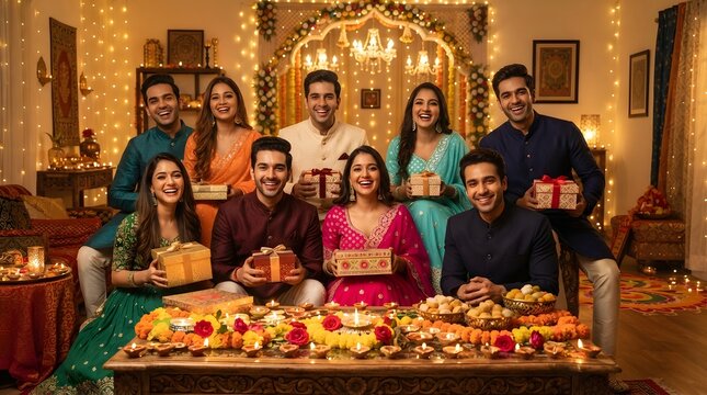 Group of happy young indian friends celebrating diwali festival at home with gifts and traditional decorations