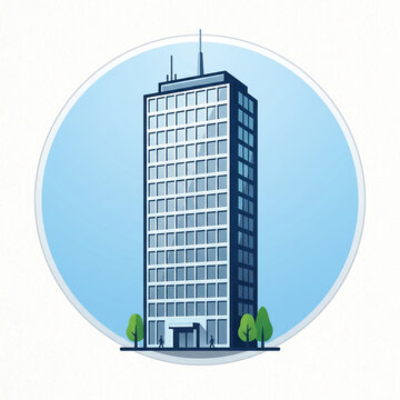 Modern highrise commercial office building vector illustration with round blue background