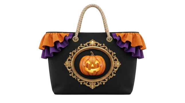 Black tote bag with pumpkin and orange purple ruffles isolated on transparent background