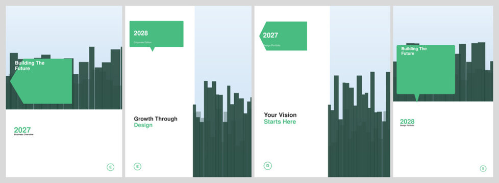 Modern Corporate Brochure Layouts with Minimalist Cityscape Silhouettes and Infographic Text Holders for Business Presentations