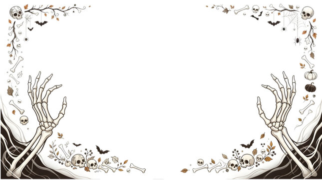 A frightening halloween frame features skeletal hands emerging from a dark graveyard filled with skulls and glowing pumpkins creating an eerie scene