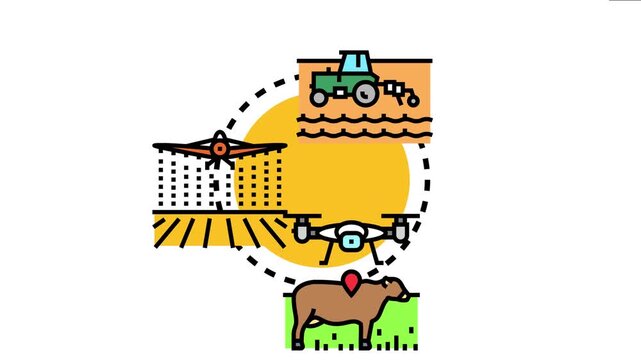 Agricultural working methods evolving, traditional animal power, modern tractor equipment, innovative drone technology, and crop dusting planes for farm processes