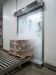 Fototapeta premium Pallet of boxes moving through cold storage door with mist in industrial warehouse setting