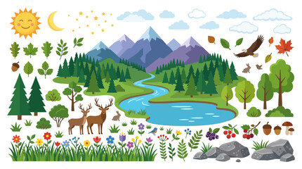 Naklejka premium Forest Nature Elements Set with Animals and Landscape