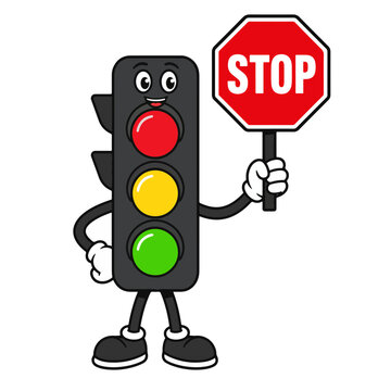 Cute cartoon traffic light character holding stop sign vector illustration, Funny traffic light mascot with red, yellow, and green lights holding stop sign vector design, 