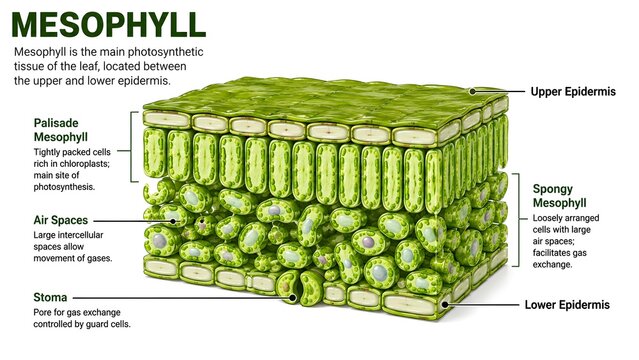 Leaf Mesophyll Structure Showing Palisade and Spongy Mesophyll Layers
